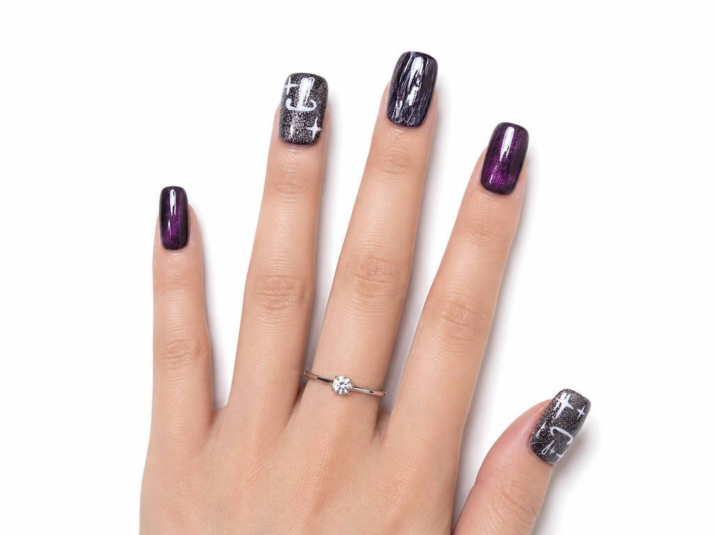 Naile Haus Midnight Aura Press-On Nails | Purple Chrome Cat Eye Galaxy Nails with Glitter Smiley Accent