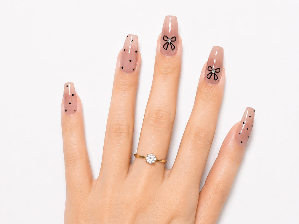 Naile Haus Pink Coquette Bow Press-On Nails | Soft Pink Polka Dot Rhinestone Kawaii Nail Set