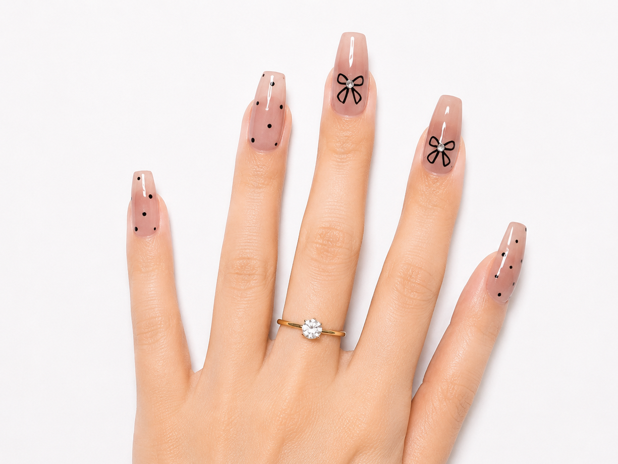 Naile Haus Pink Coquette Bow Press-On Nails | Soft Pink Polka Dot Rhinestone Kawaii Nail Set