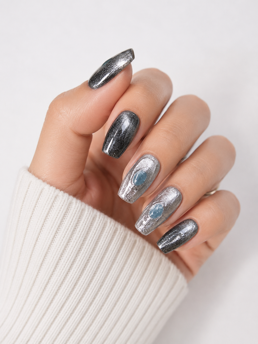Naile Haus Moonstone Noir Press-On Nails | Black Chrome Glitter Gothic Luxury Nail Set with Blue Gem Accents