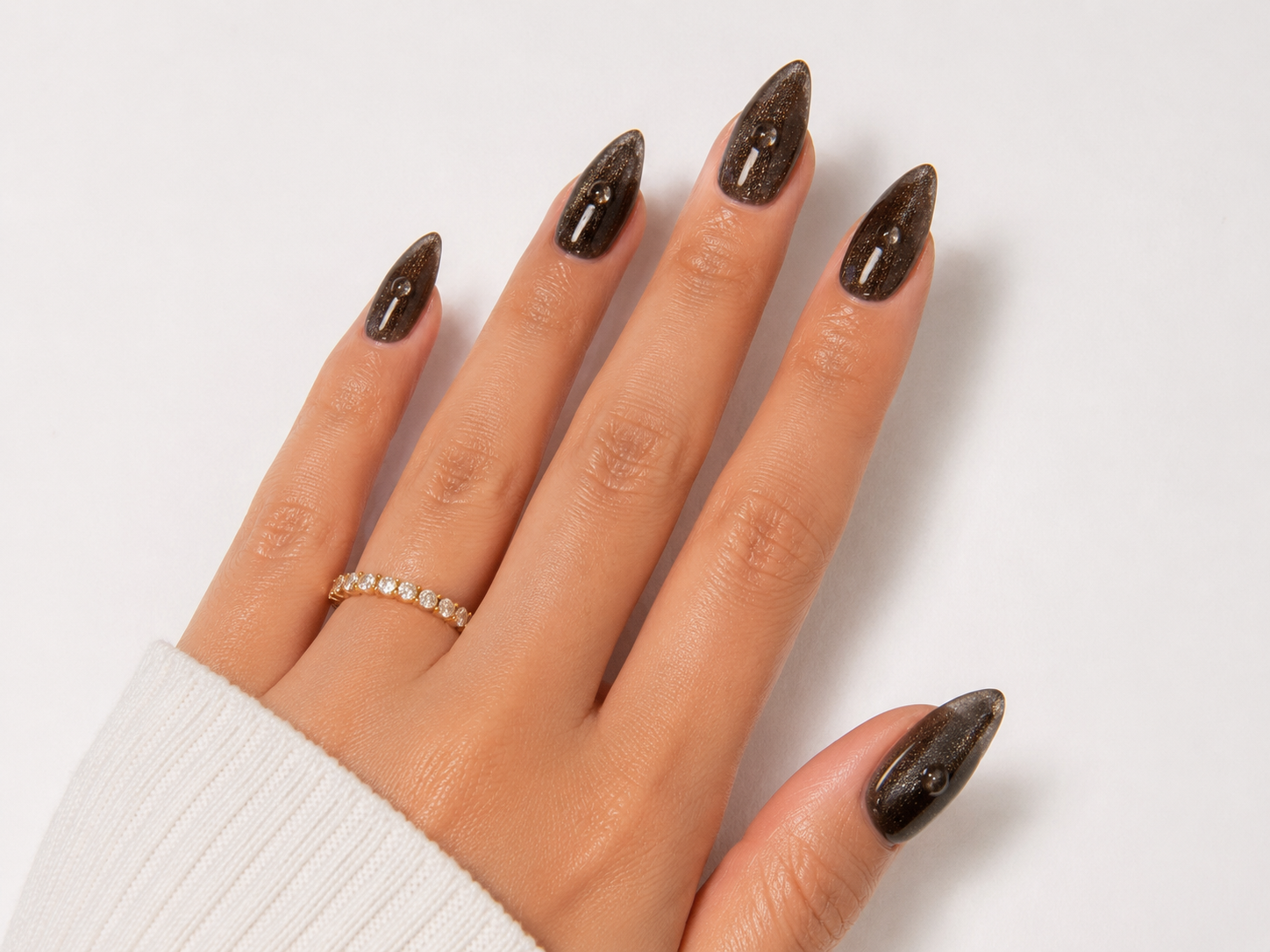 Smoky Bronze Cat Eye Press On Nails | Brown Glitter Aura Nails | Luxury Almond Nail Set