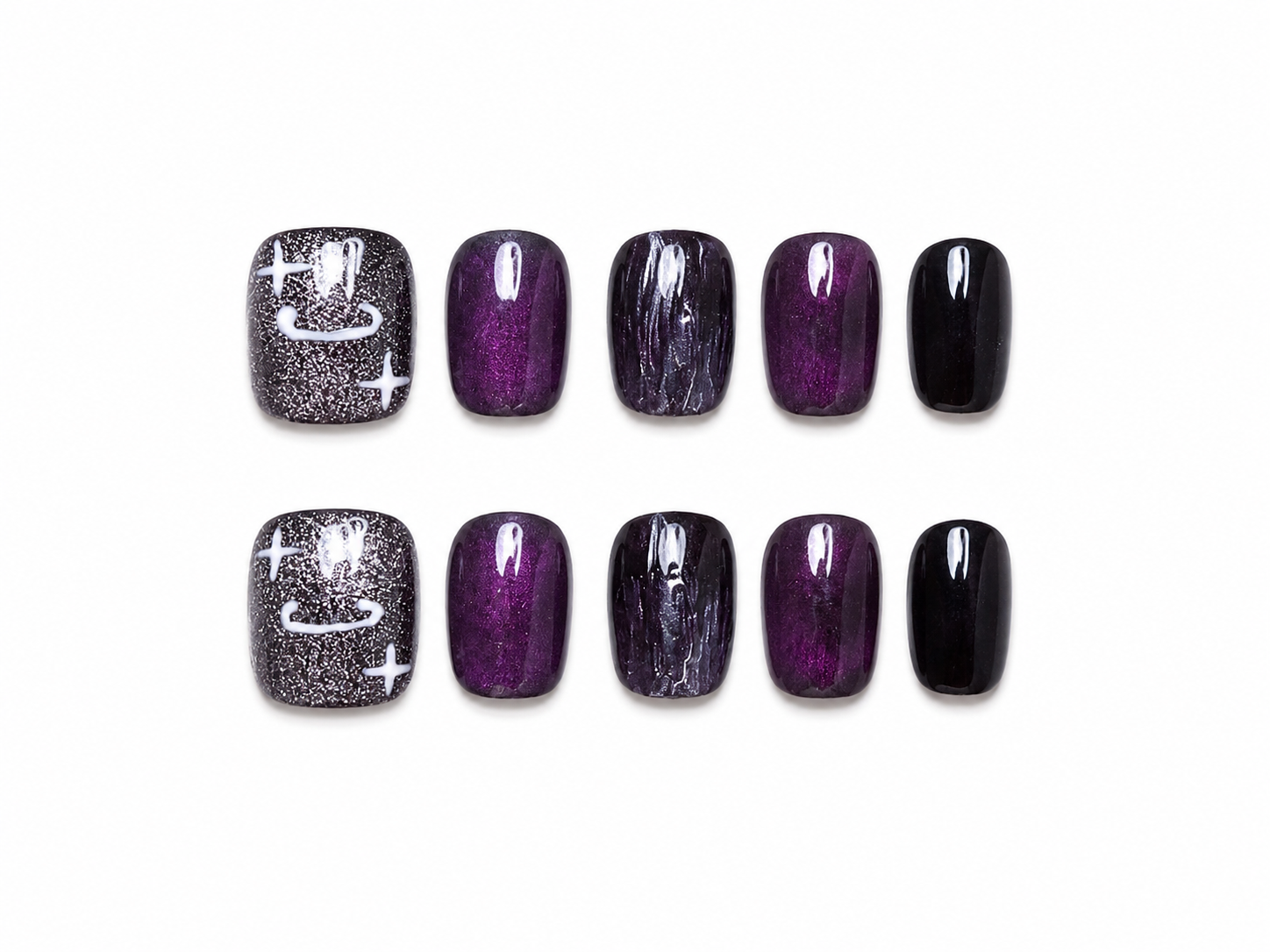 Naile Haus Midnight Aura Press-On Nails | Purple Chrome Cat Eye Galaxy Nails with Glitter Smiley Accent