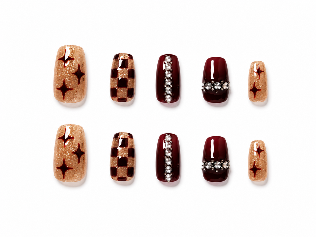 Naile Haus Burgundy Chrome Press-On Nails | Gold Glitter Starburst Checkerboard Rhinestone Luxury Nail Set
