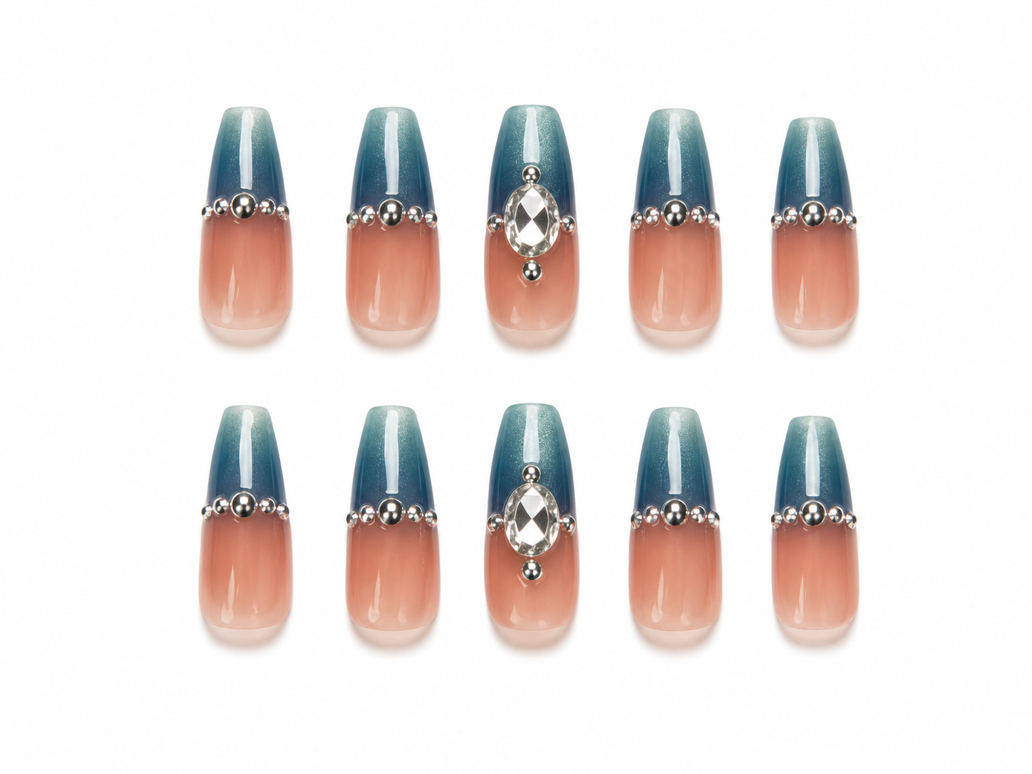 Blue Ombre Press On Nails with Rhinestones | Glam French Fade Nails | Luxury Long Coffin Nail Set