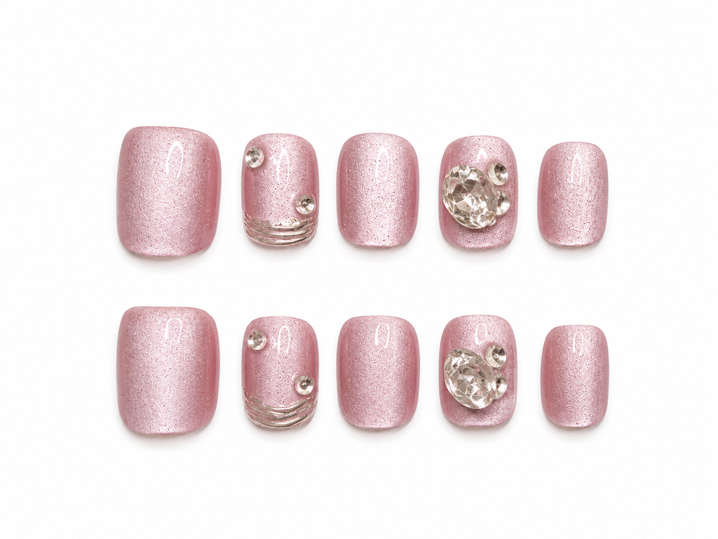 Pink Pearl Chrome Press-On Nails – Short Glossy Luxury Nails – Rhinestone Accent Press-Ons – Soft Glam Nail Set