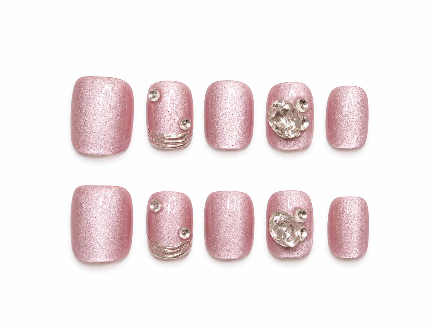 Pink Pearl Chrome Press-On Nails – Short Glossy Luxury Nails – Rhinestone Accent Press-Ons – Soft Glam Nail Set