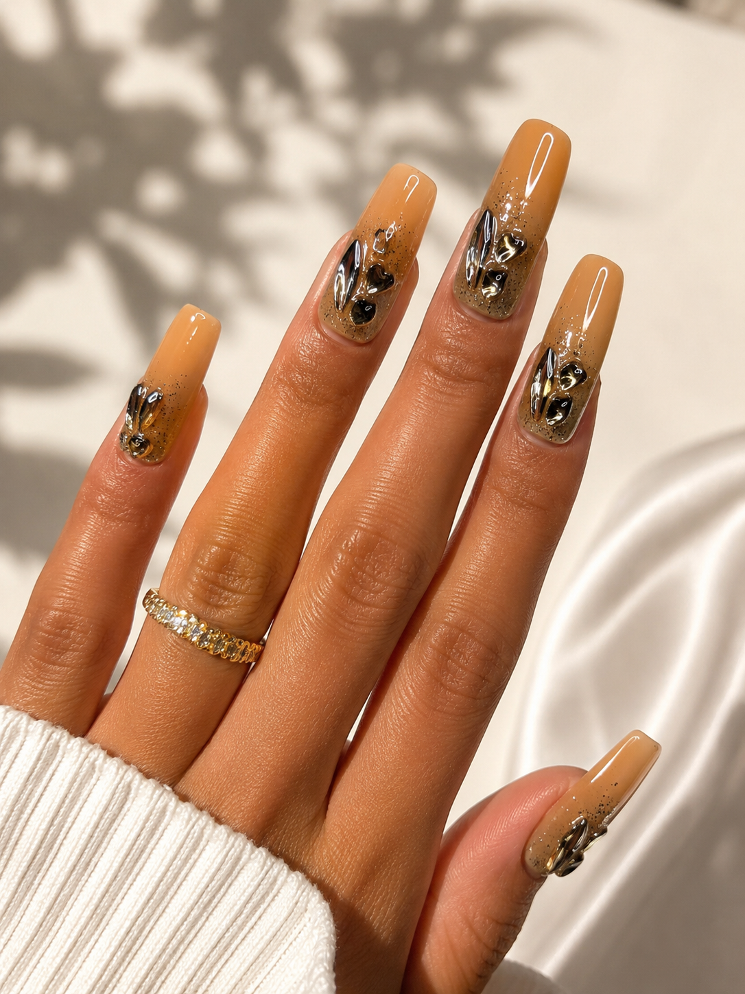 Golden Yellow/Orange Chrome Press-On Nails – Gold Leaf Glam Nail Set – Luxury Autumn Statement Nails – Coffin Press-Ons