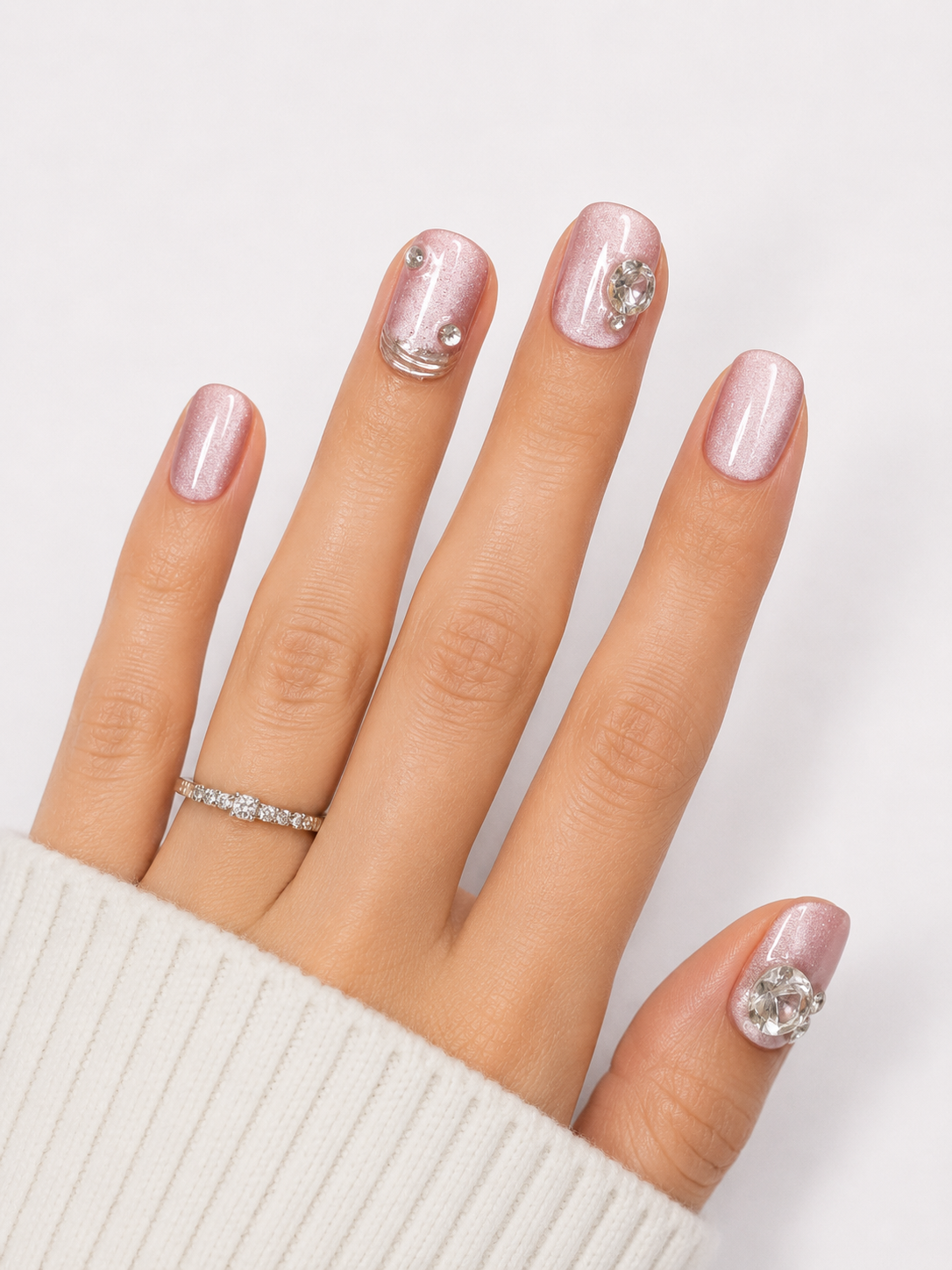 Pink Pearl Chrome Press-On Nails – Short Glossy Luxury Nails – Rhinestone Accent Press-Ons – Soft Glam Nail Set