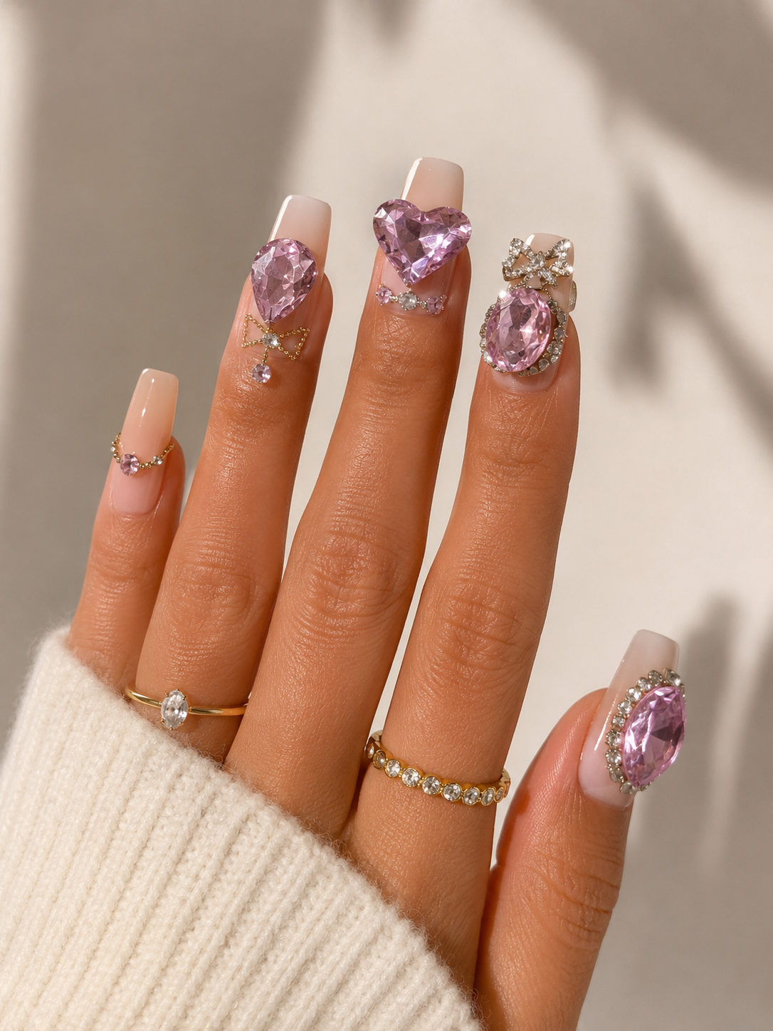 Pink Crystal Glam Press-On Nails – Luxury Rhinestone Bow Nail Set – Blush Nude Statement Nails – Princesscore Press-Ons