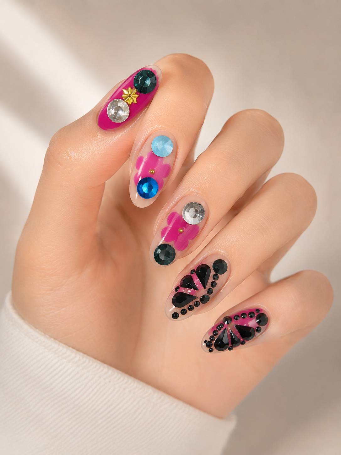 Naile Haus Y2K Floral Gem Press-On Nails | Pink Flower Rhinestone Retro Glam Statement Nail Set