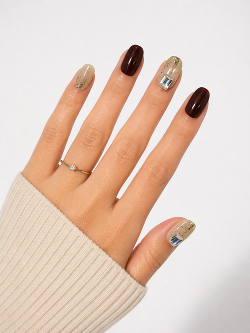 Chocolate Brown & Gold Flake Press-On Nails – Luxury Neutral Glam Nails – Crystal Accent Almond Nail Set – Elegant Glossy Press-Ons