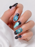 Turquoise Gemstone Press-On Nails – Black Art Deco Nail Set – Luxury Crystal Statement Nails – Editorial Glam Press-Ons