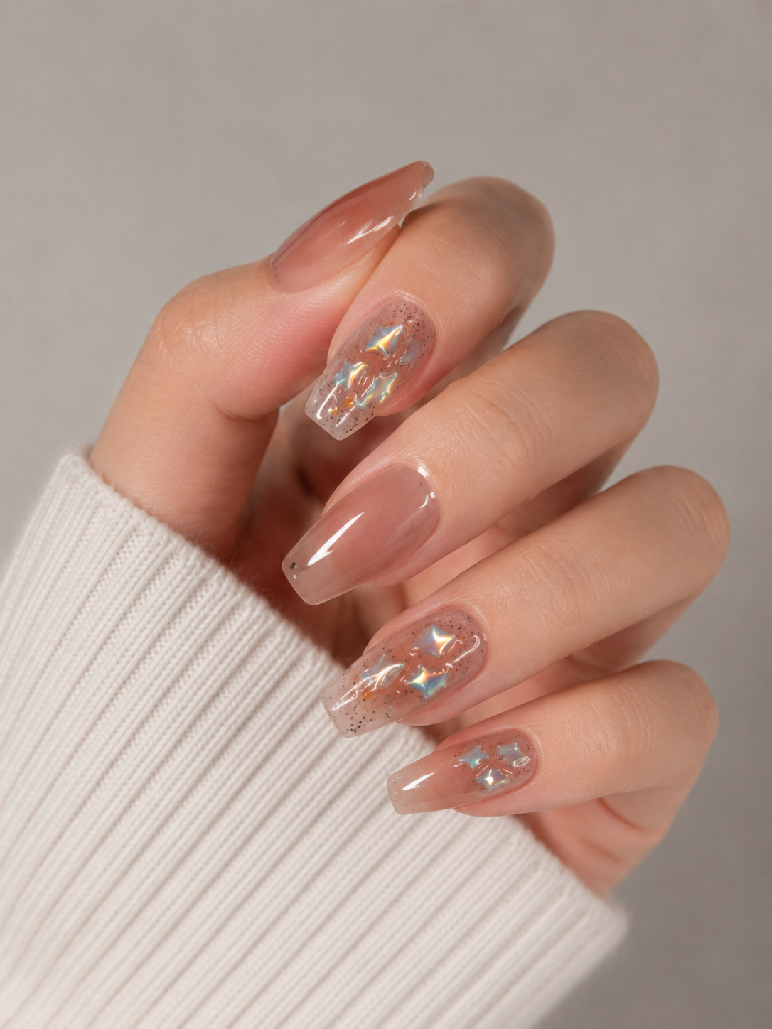 Nude Chrome Star Press On Nails | Iridescent Jelly Glitter Nails | Minimalist Luxury Nail Set