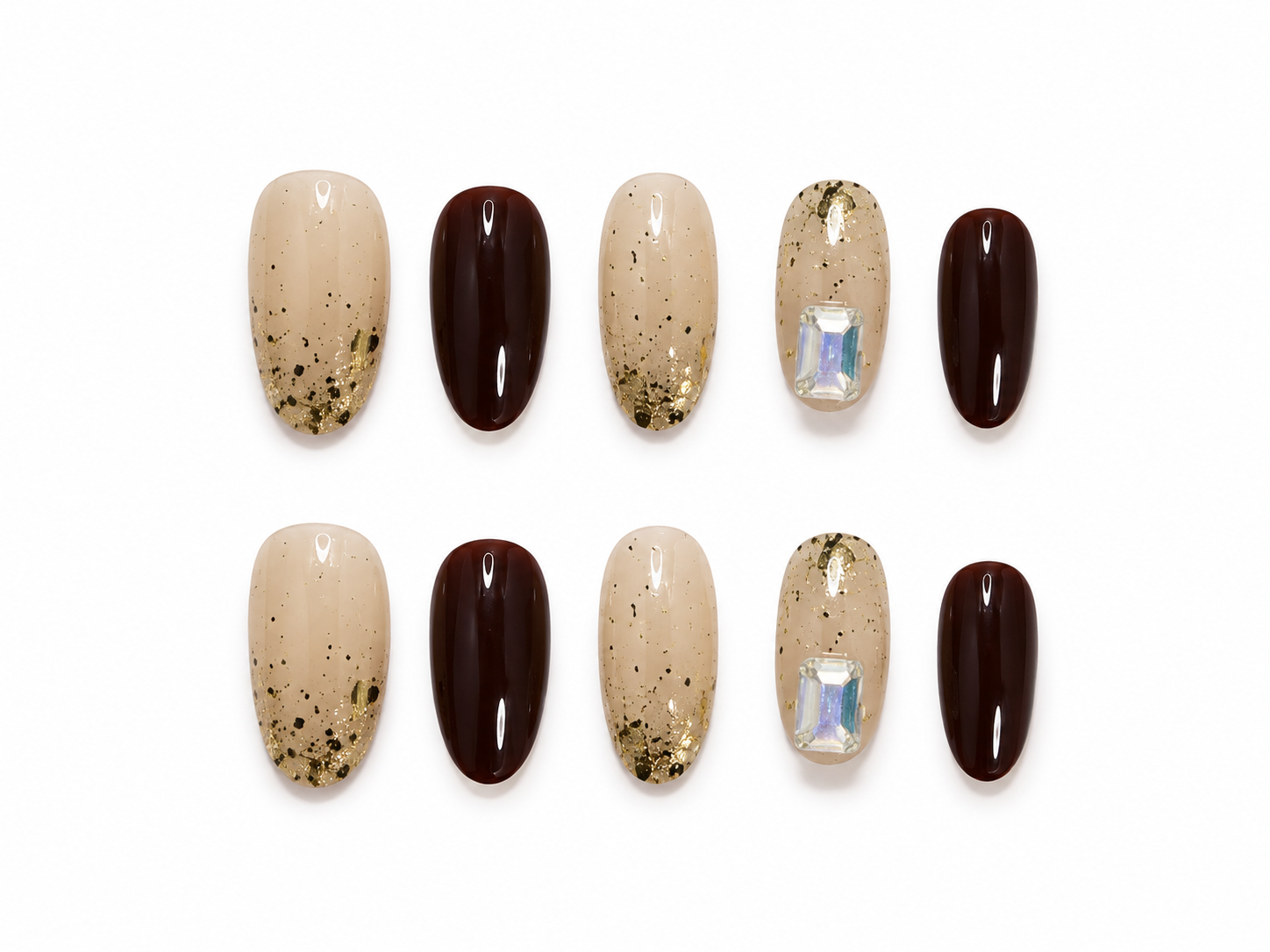 Chocolate Brown & Gold Flake Press-On Nails – Luxury Neutral Glam Nails – Crystal Accent Almond Nail Set – Elegant Glossy Press-Ons