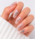 Minimalist Nude Chrome Press-On Nails – Silver Line Art Rhinestone Nails – Glossy Neutral Luxury Nail Set – Almond False Nails