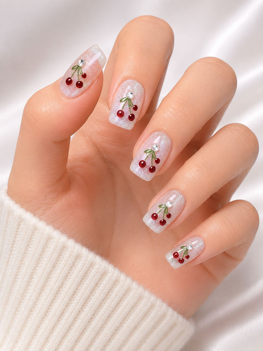 Naile Haus Cherry Blossom Press-On Nails | White Glitter Cherry Nail Art Rhinestone Kawaii Luxury Nail Set