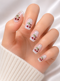 Naile Haus Cherry Blossom Press-On Nails | White Glitter Cherry Nail Art Rhinestone Kawaii Luxury Nail Set