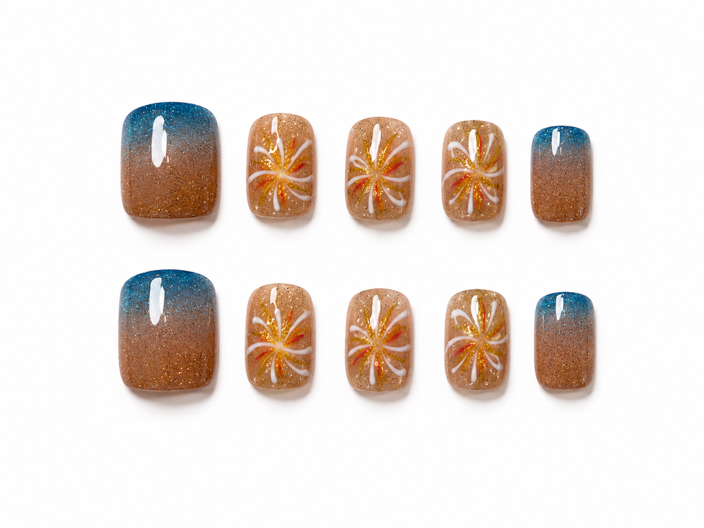 Naile Haus Coastal Spark Press-On Nails | Blue Ombre Glitter Firework Nail Art Summer Luxury Set