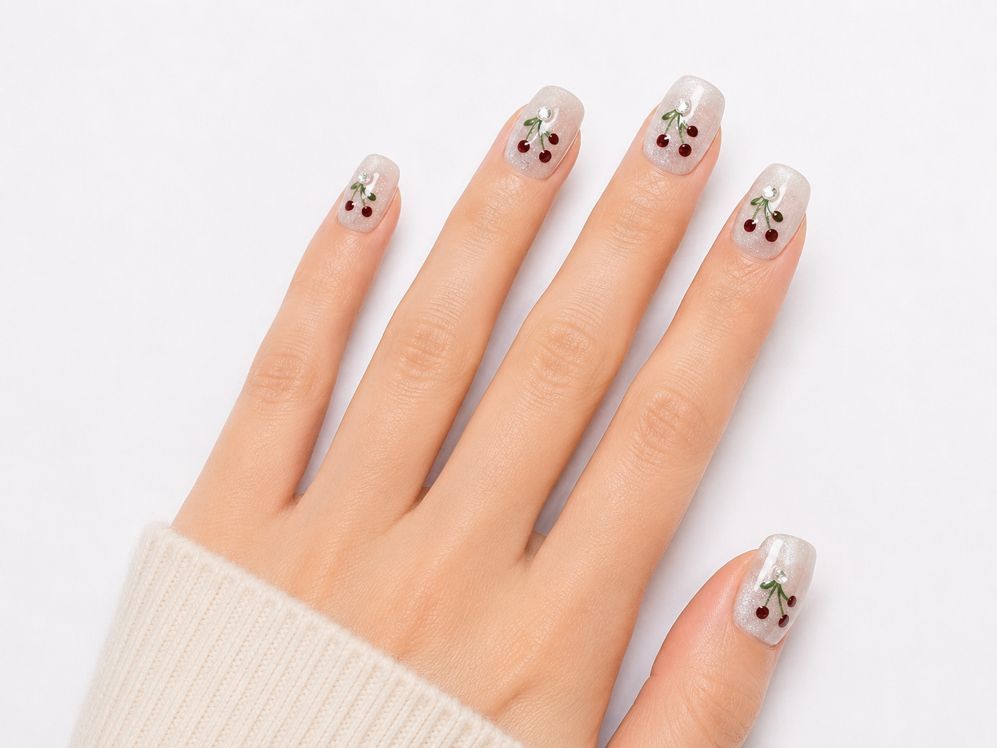 Naile Haus Cherry Blossom Press-On Nails | White Glitter Cherry Nail Art Rhinestone Kawaii Luxury Nail Set