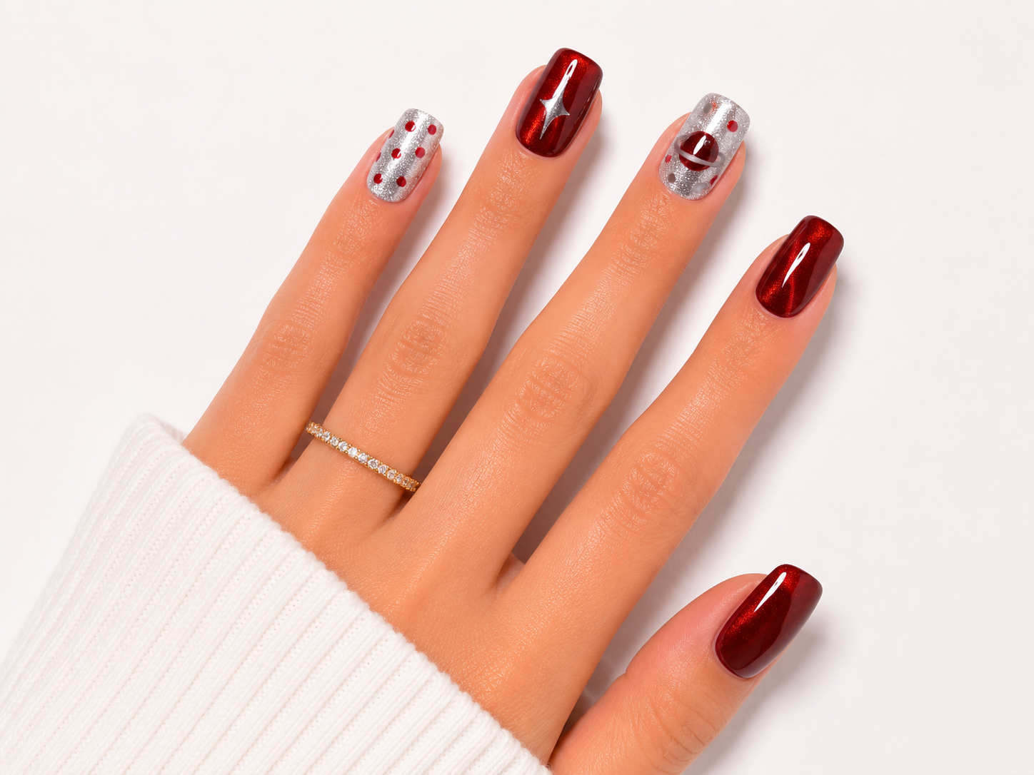 Red Chrome Press On Nails Silver Star Nail Art Cosmic Glitter Glossy Nail Set