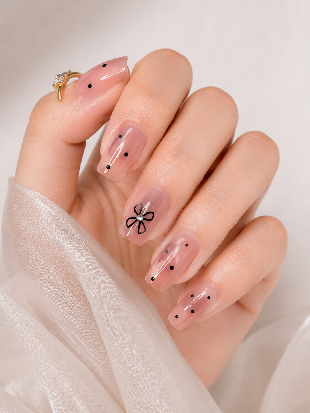 Naile Haus Pink Coquette Bow Press-On Nails | Soft Pink Polka Dot Rhinestone Kawaii Nail Set
