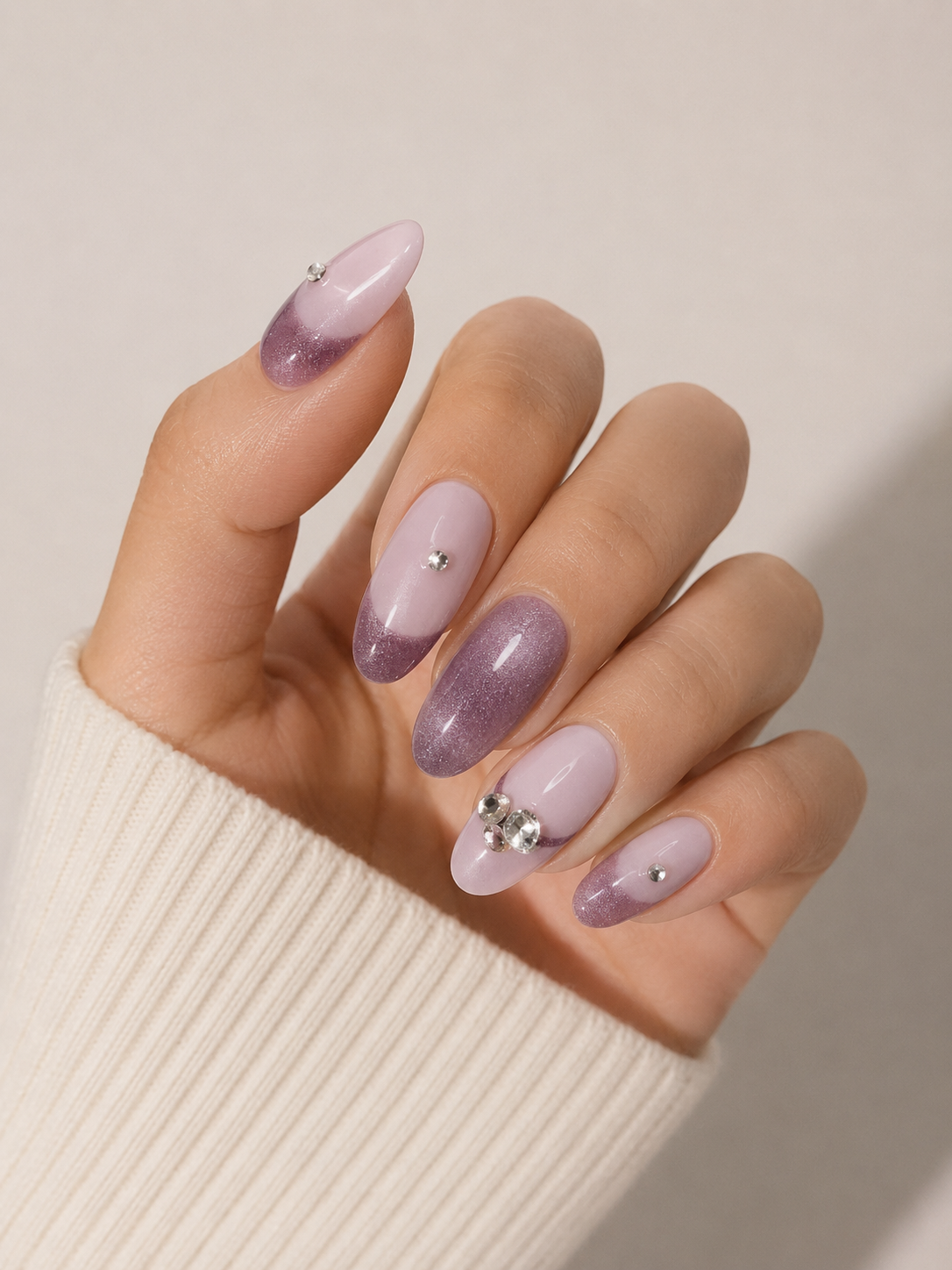 Lavender Glitter Press-On Nails – Purple French Tip Nails – Rhinestone Accent Nails – Soft Glam Luxury Nail Set