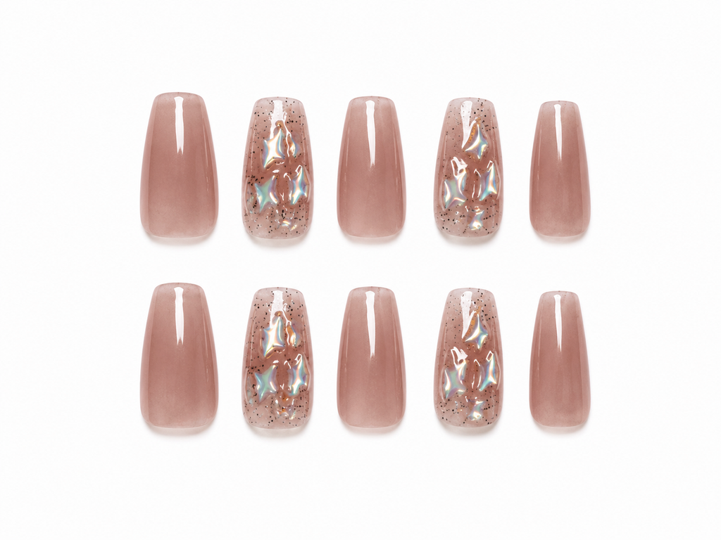 Nude Chrome Star Press On Nails | Iridescent Jelly Glitter Nails | Minimalist Luxury Nail Set