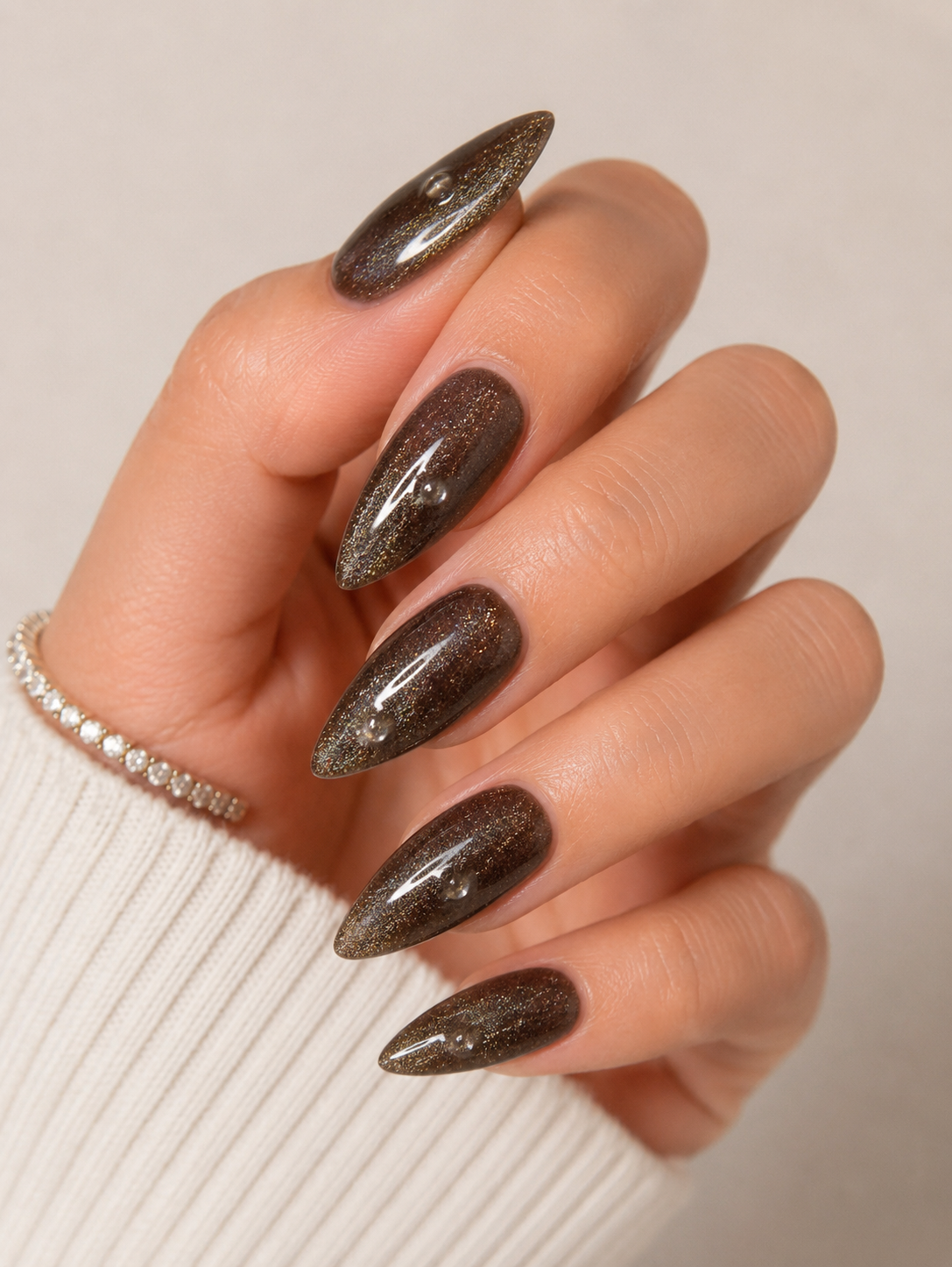 Smoky Bronze Cat Eye Press On Nails | Brown Glitter Aura Nails | Luxury Almond Nail Set