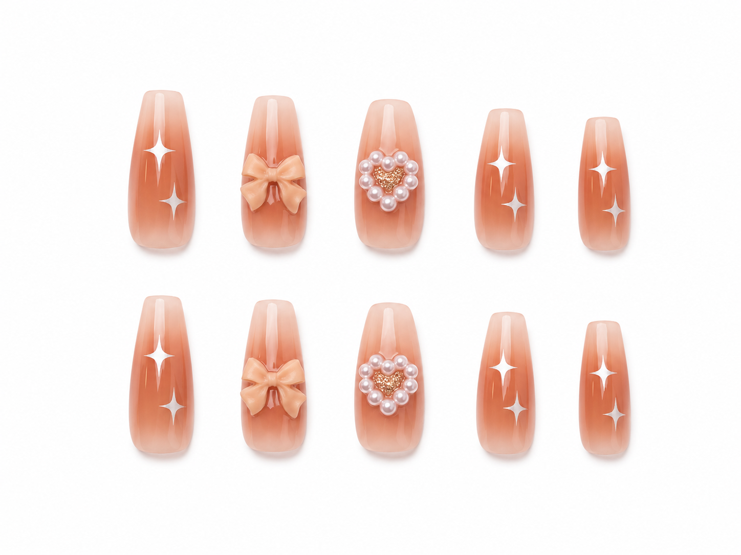Naile Haus Peach Pearl Coquette Press-On Nails | Bow Heart Pearl Soft Glam Luxury Nail Set