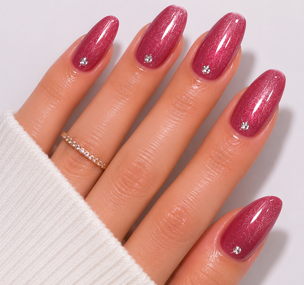Pink Glitter Press On Nails | Glossy Rhinestone Coffin Nail Set | Feminine Luxury Nails