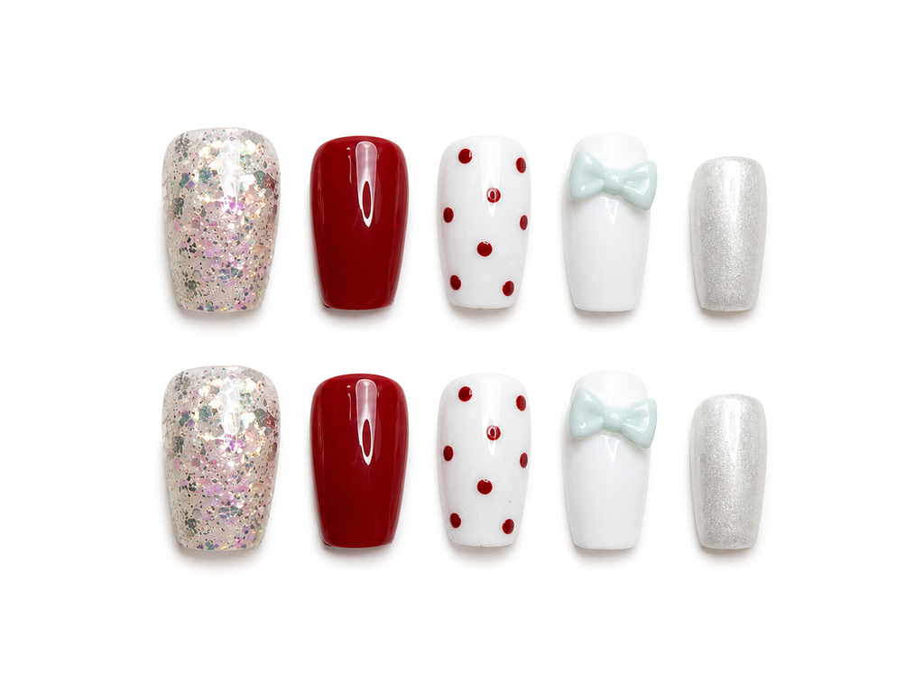 Naile Haus Peppermint Coquette Press-On Nails | Red Polka Dot Bow Holiday Glam Nail Set