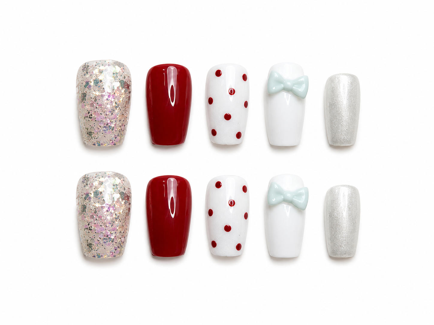 Naile Haus Peppermint Coquette Press-On Nails | Red Polka Dot Bow Holiday Glam Nail Set