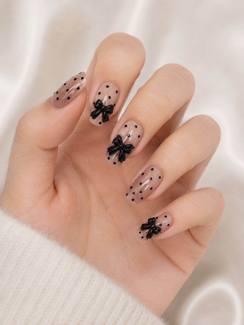 Naile Haus Noir Coquette Press-On Nails | Black Bow Polka Dot Nude Pink Luxury Nail Set