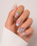 3D Pearl Floral Press On Nails Iridescent Butterfly Rhinestone Luxury Fairycore Nail Set