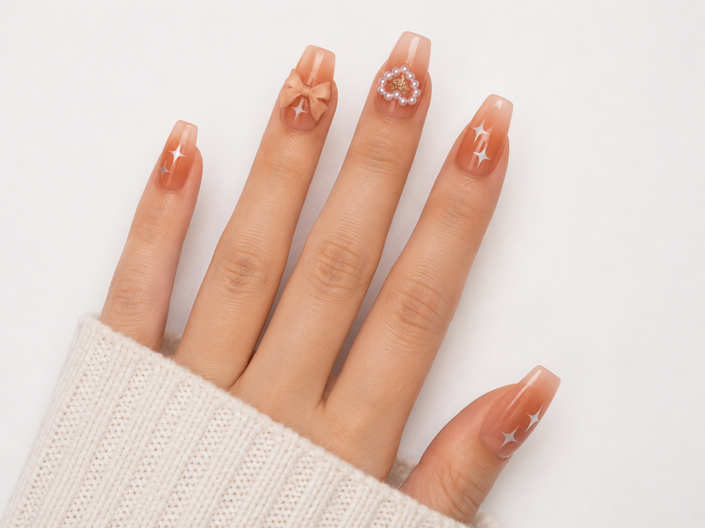 Naile Haus Peach Pearl Coquette Press-On Nails | Bow Heart Pearl Soft Glam Luxury Nail Set