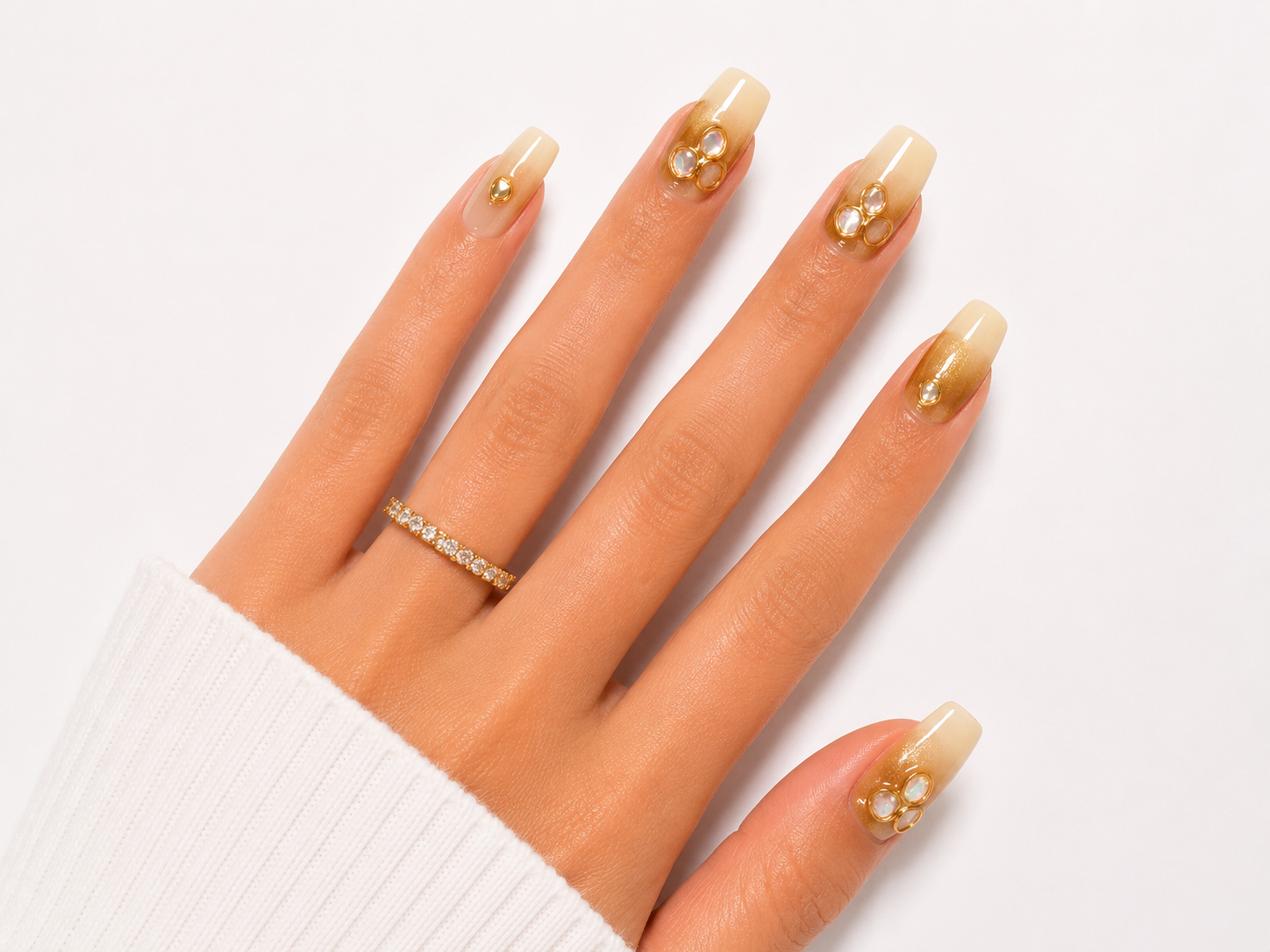 Luxury Pearl Chrome Press On Nails | Nude Gold Aura Nails | Elegant Reusable Glam Nail Set