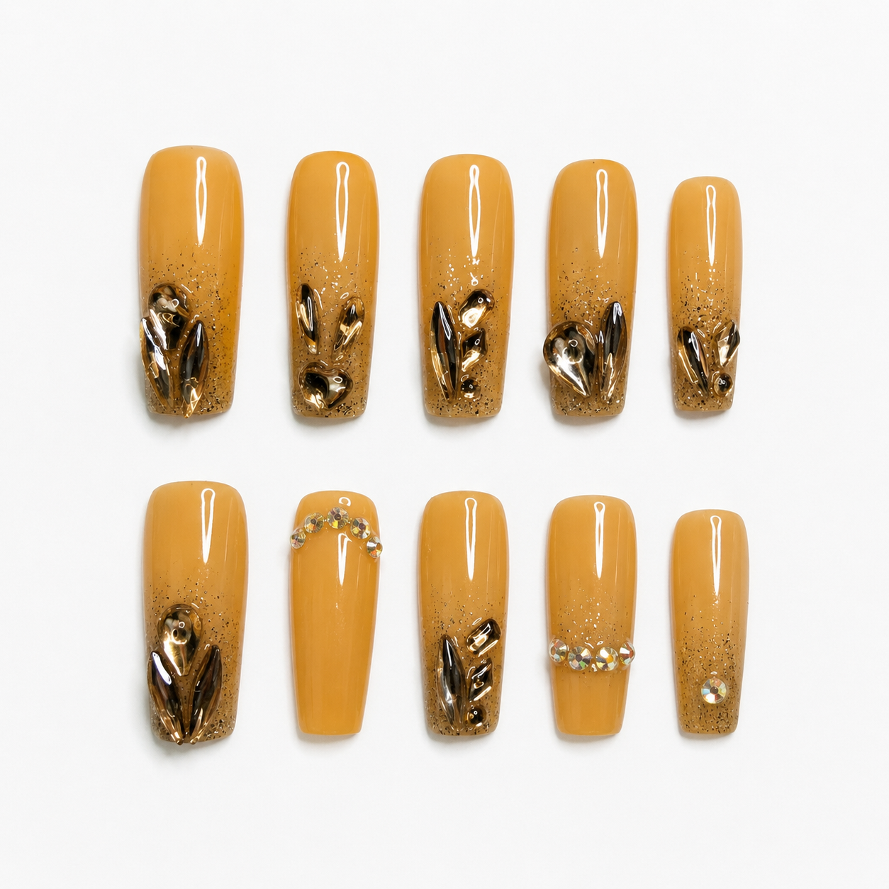 Golden Yellow/Orange Chrome Press-On Nails – Gold Leaf Glam Nail Set – Luxury Autumn Statement Nails – Coffin Press-Ons