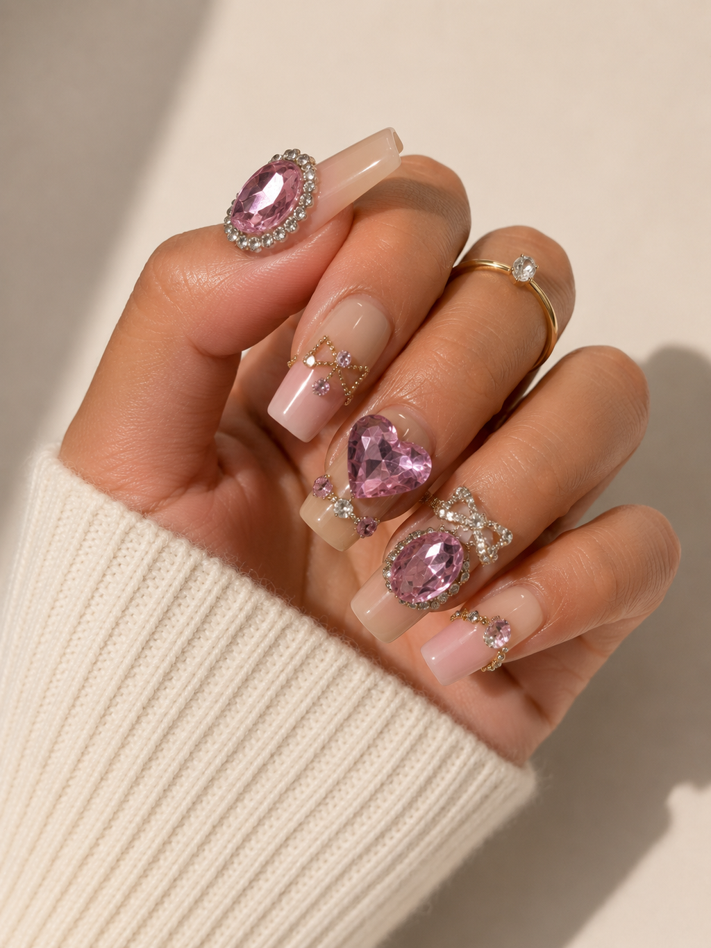 Pink Crystal Glam Press-On Nails – Luxury Rhinestone Bow Nail Set – Blush Nude Statement Nails – Princesscore Press-Ons