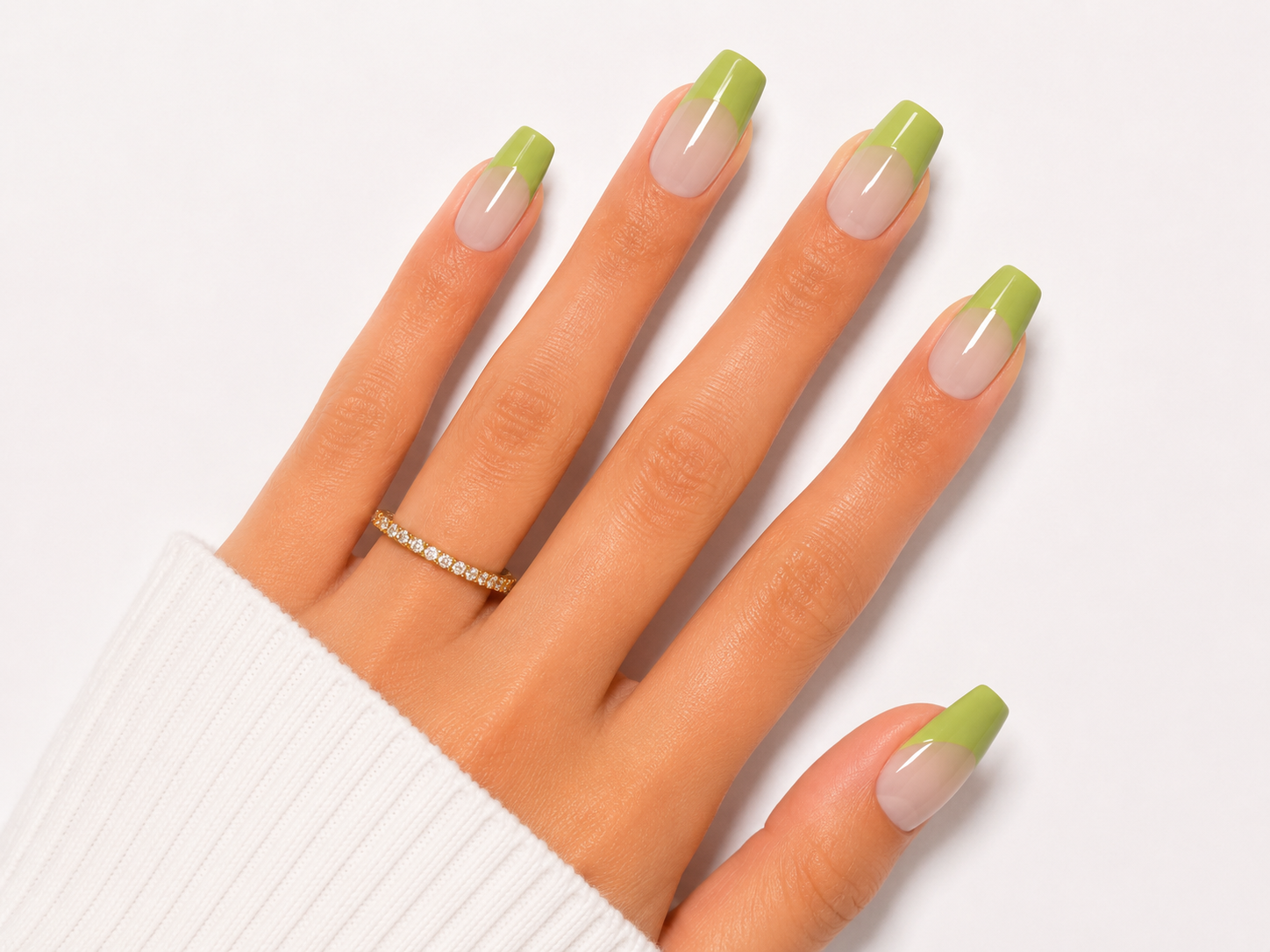 Lime Green French Tip Press On Nails Nude Glossy Long Square Y2K Nail Set