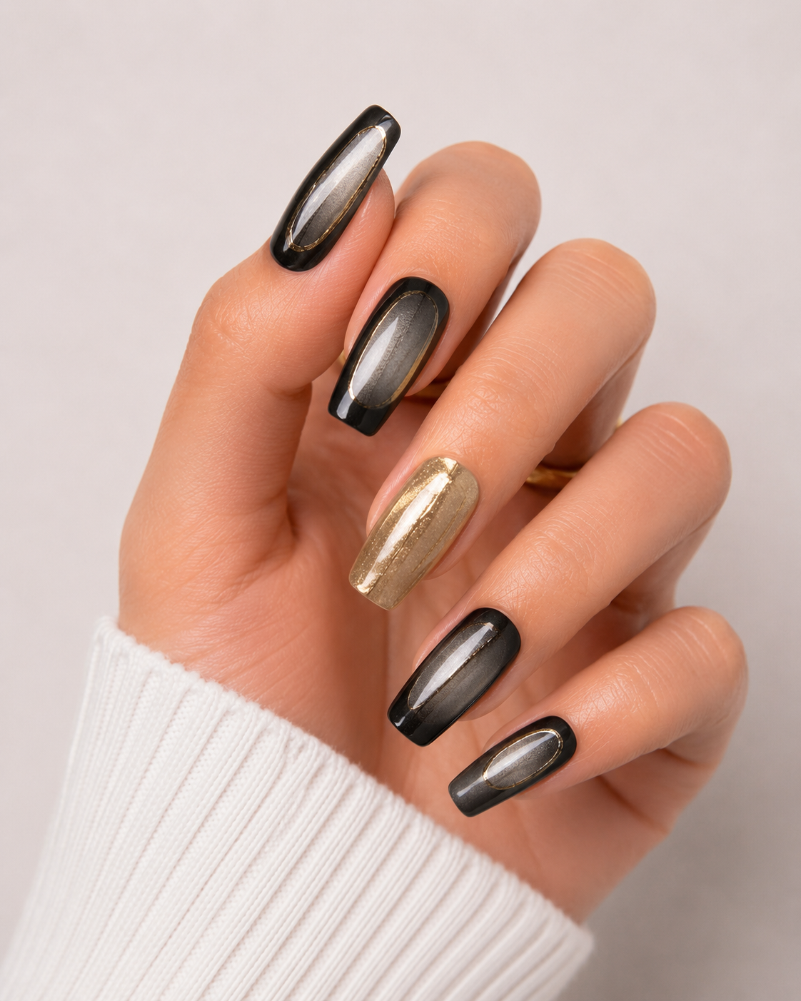 Black Chrome Cat Eye Press On Nails Gold Accent Coffin Nails Luxury Glossy Reusable Nail Set