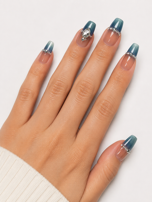 Blue Ombre Press On Nails with Rhinestones | Glam French Fade Nails | Luxury Long Coffin Nail Set