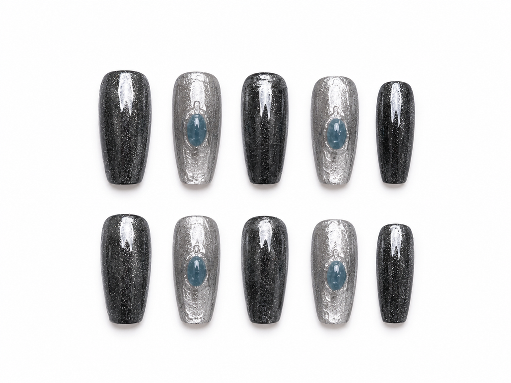 Naile Haus Moonstone Noir Press-On Nails | Black Chrome Glitter Gothic Luxury Nail Set with Blue Gem Accents