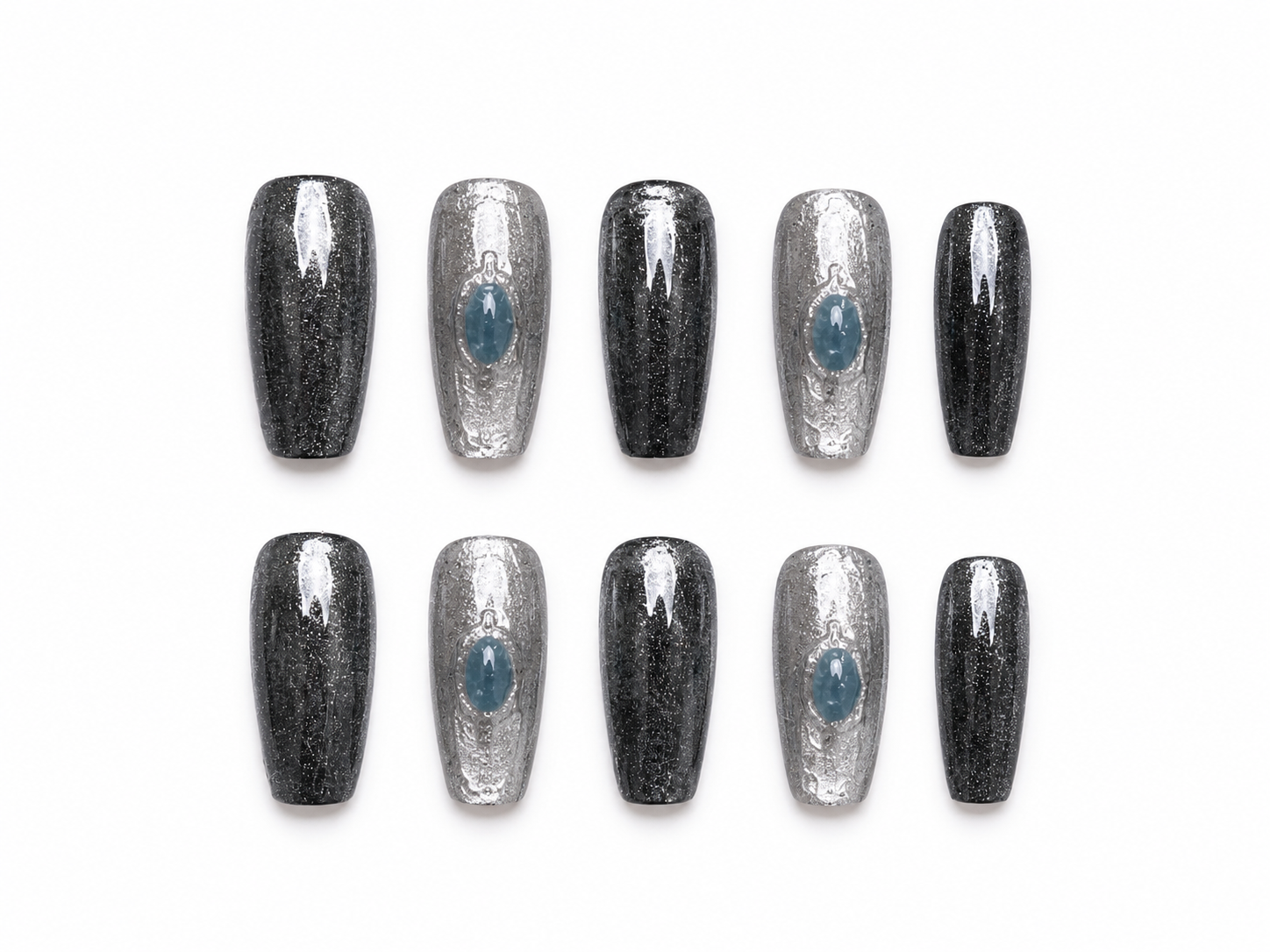 Naile Haus Moonstone Noir Press-On Nails | Black Chrome Glitter Gothic Luxury Nail Set with Blue Gem Accents