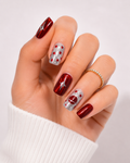 Red Chrome Press On Nails Silver Star Nail Art Cosmic Glitter Glossy Nail Set