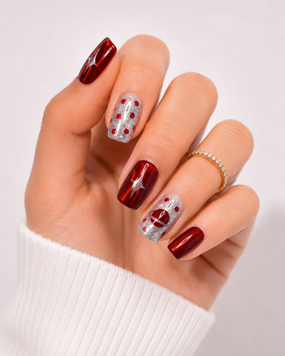 Red Chrome Press On Nails Silver Star Nail Art Cosmic Glitter Glossy Nail Set