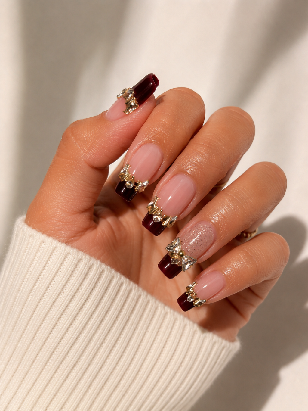 Blush Pink & Burgundy French Tip Press-On Nails – Gold Crystal Bow Nail Set – Luxury Glam Press-On Nails