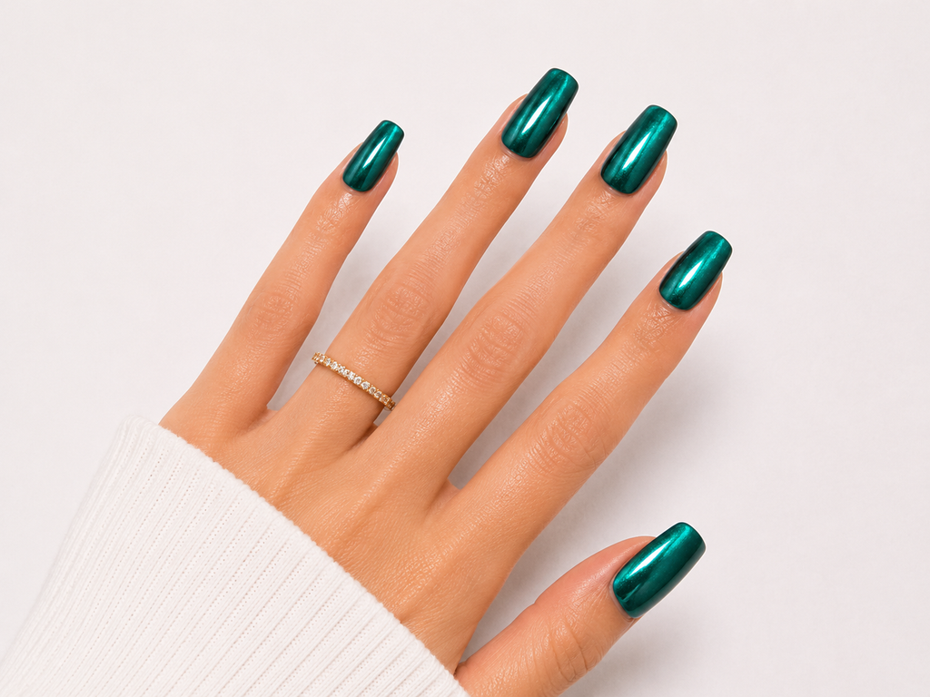 Emerald Green Chrome Press On Nails Metallic Cat Eye Glossy Square Luxury Nail Set