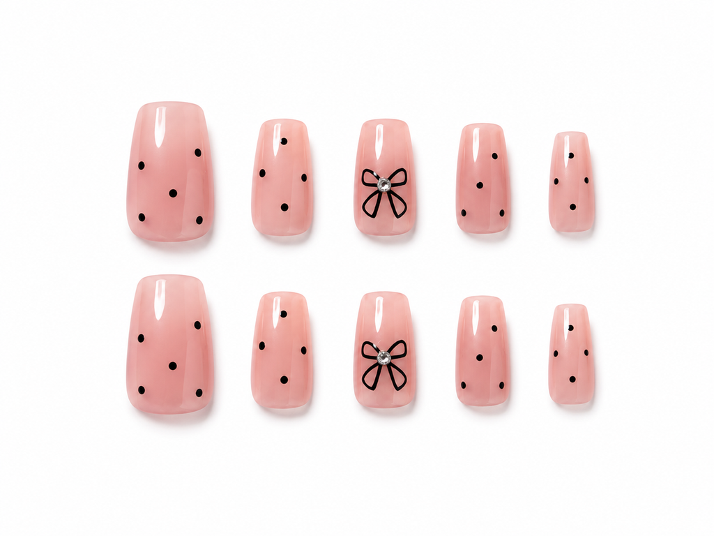 Naile Haus Pink Coquette Bow Press-On Nails | Soft Pink Polka Dot Rhinestone Kawaii Nail Set