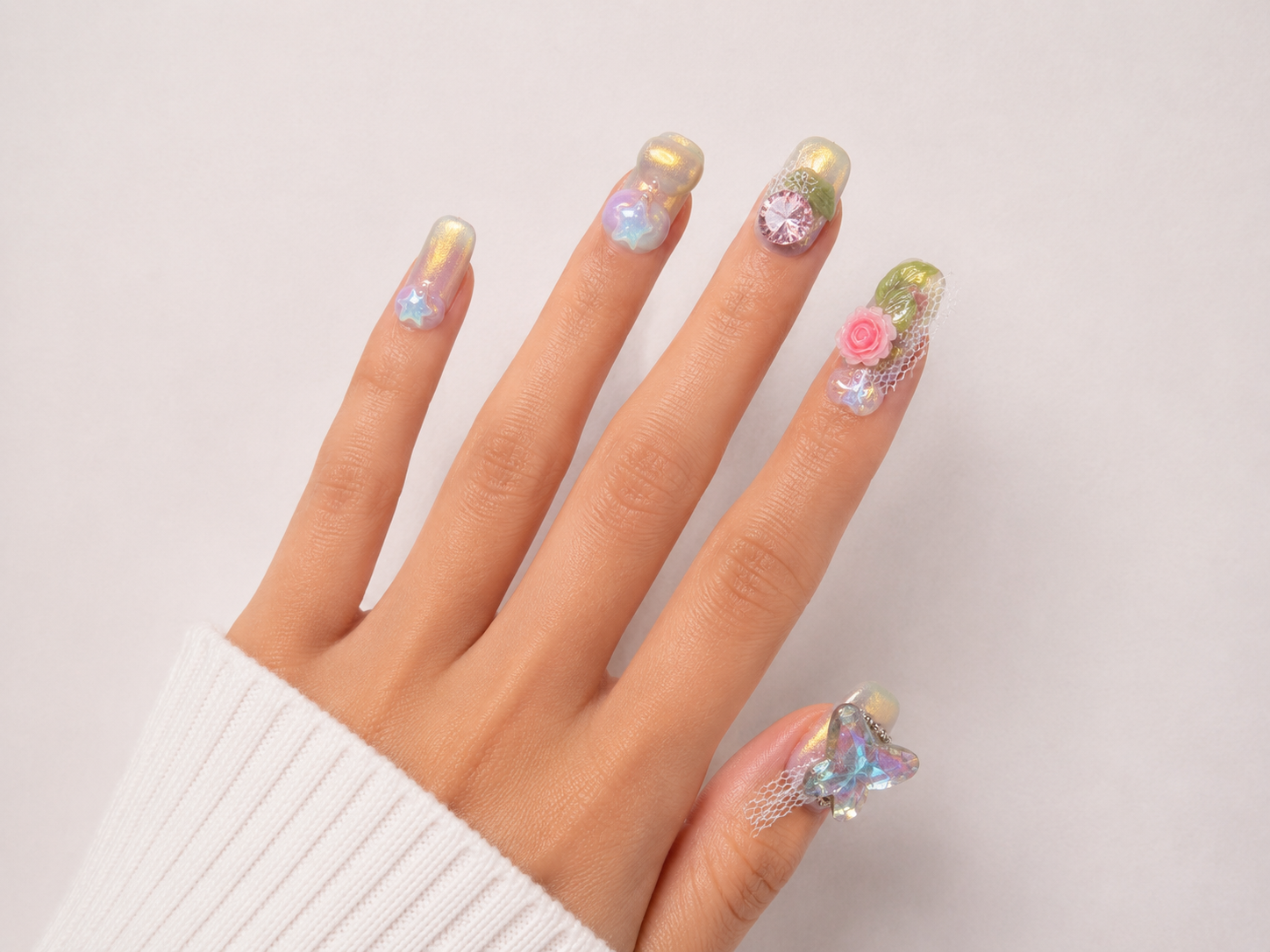 3D Pearl Floral Press On Nails Iridescent Butterfly Rhinestone Luxury Fairycore Nail Set
