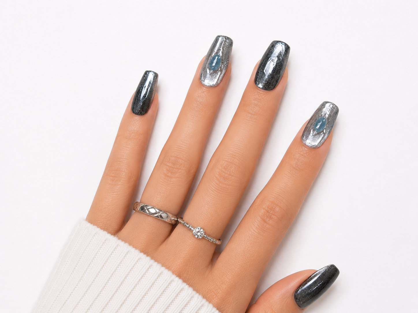 Naile Haus Moonstone Noir Press-On Nails | Black Chrome Glitter Gothic Luxury Nail Set with Blue Gem Accents